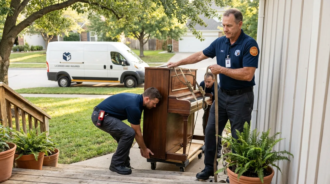 Licensed piano movers securing grand piano in Delmar, DE