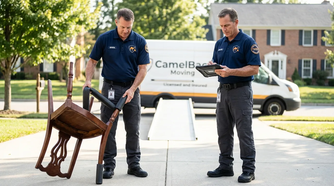 Movers inspecting furniture for damage prevention before loading in Delmar, DE