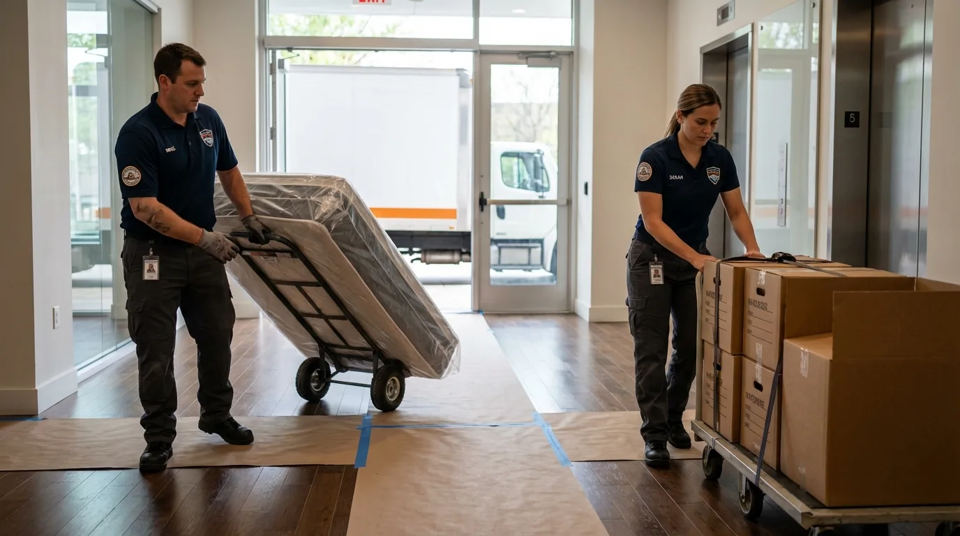 Professional apartment movers loading elevator in Delmar, DE
